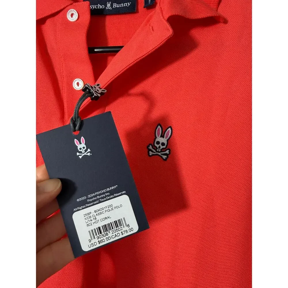 NEW Psycho Bunny Kids Classic Polo 802 Hot Coral Large 14-16